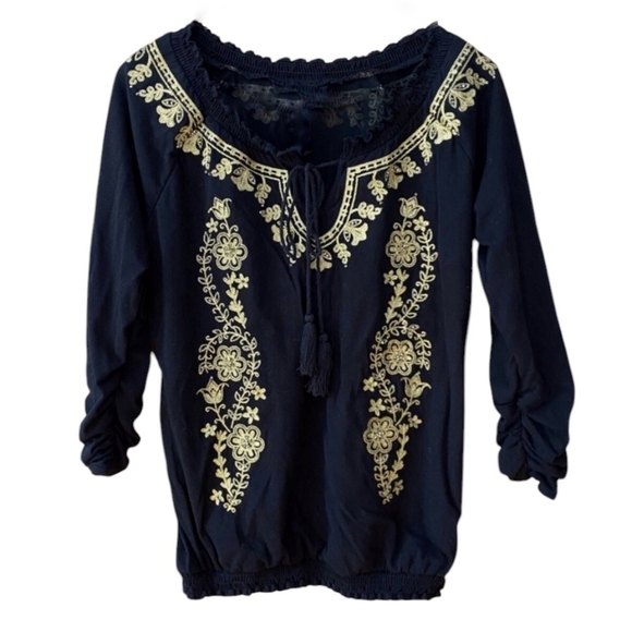 PEASANT Top Embroidered Knit Jersey Beaded Ruched Bohemian Smocked Black Medium - Picture 3 of 11